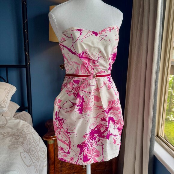 Alexia Admor 100% Silk White with Pink Floral Splatter Design Mini Party Dress - Picture 2 of 15